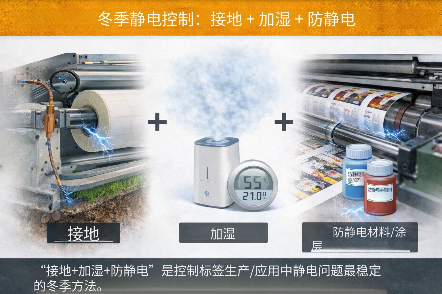 冬季低湿导致材料表面电阻升高,静电更易积累并引发印刷与贴标问题