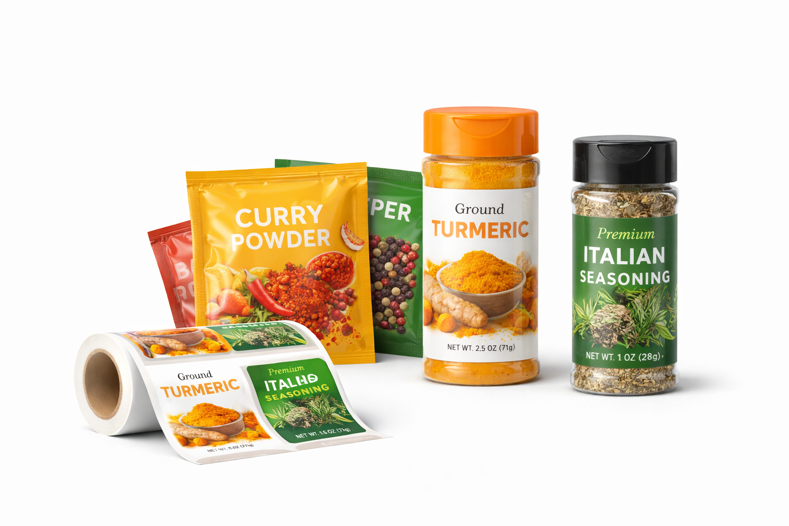 食品不干胶标签应用展示：瓶装酱料、罐头与袋装食品贴标效果