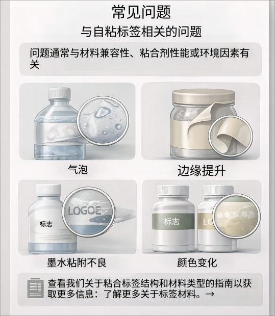 不干胶标签常见问题示意图：起泡、起翘、掉墨、色差