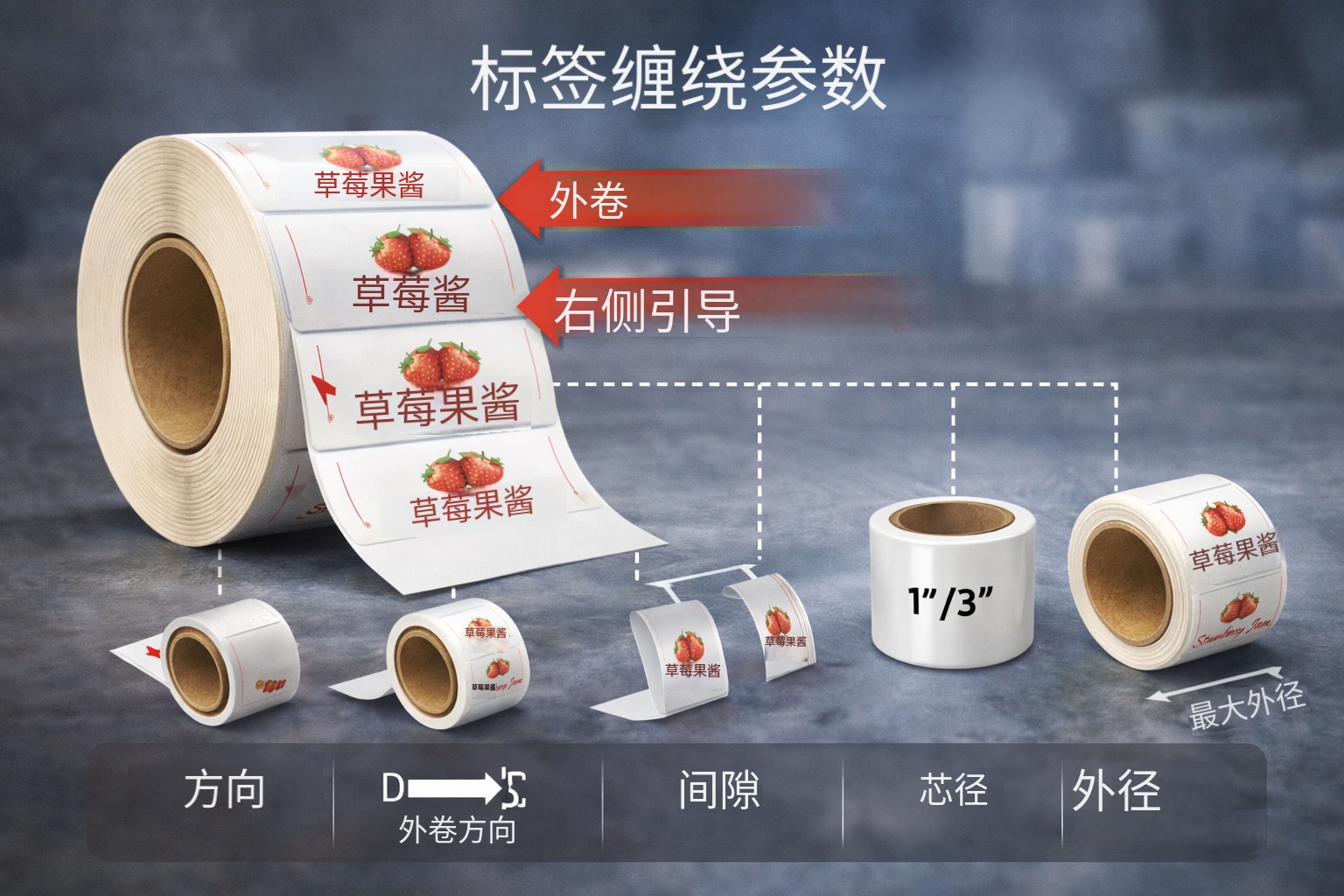 卷筒不干胶标签出卷参数示意:方向、间隙、纸芯与外径 卷筒不干胶标签出卷参数示意:方向、间隙、纸芯与外径