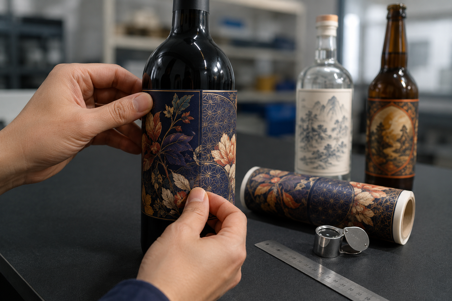圆形玻璃酒瓶不干胶标签贴标与弧度测试